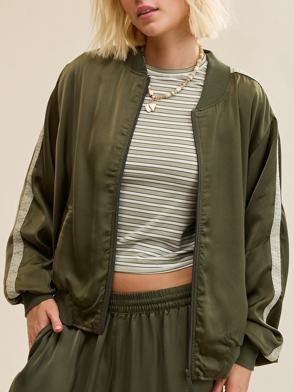aerie Green Satin Bomber Jacket NWT